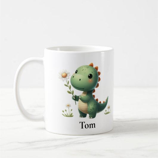 Personalisierter grüner Dinosaurier mit Blume Kaffeetasse (Links)