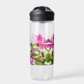 Personalisierter grüner Frosch umgeben von rosa Bl Trinkflasche (Vorderseite)