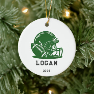 Personalisierter grüner Fußballhelm-Weihnachtsbaum Keramik Ornament