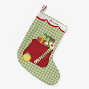 Personalisierter grüner Gingham-Feiertags-Spielzeu Kleiner Weihnachtsstrumpf