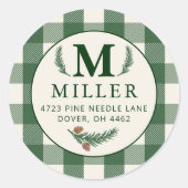 Personalisierter grüner Gingham-Weihnachtsmonogram Runder Aufkleber (Vorderseite)