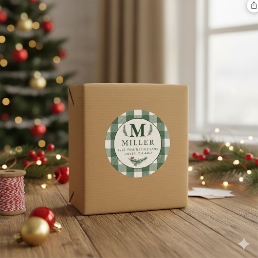Personalisierter grüner Gingham-Weihnachtsmonogram Runder Aufkleber