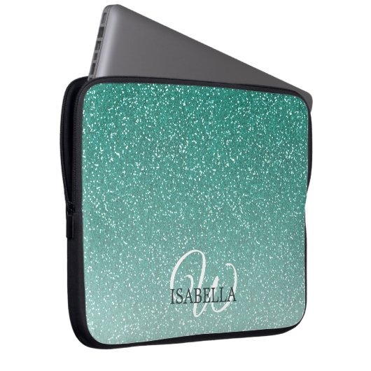 Personalisierter grüner Glitzer Ombre Name Monogra Laptopschutzhülle (Vorne Rechts)