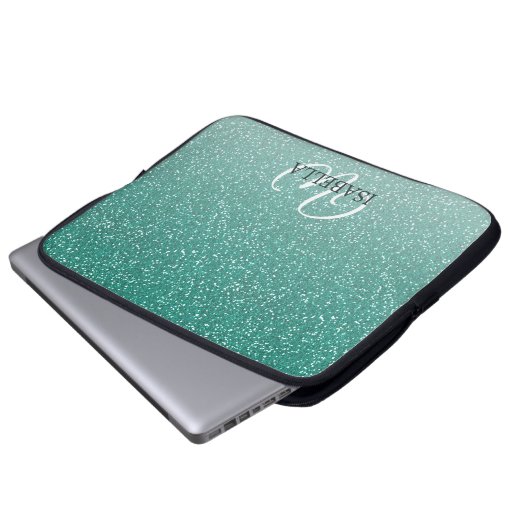 Personalisierter grüner Glitzer Ombre Name Monogra Laptopschutzhülle (Vorne Knopf)