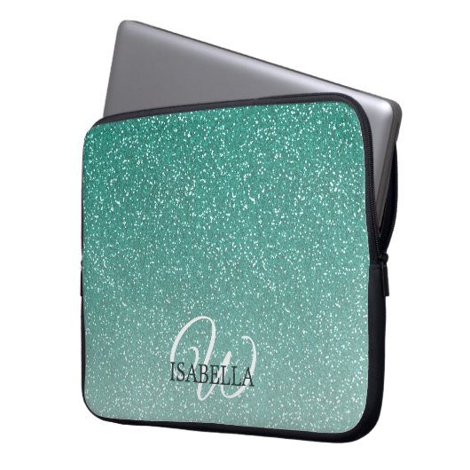 Personalisierter grüner Glitzer Ombre Name Monogra Laptopschutzhülle (Vorderseite Links)
