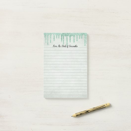 Personalisierter grüner Glitzer Post-it Klebezettel (Auf Schreibtisch)