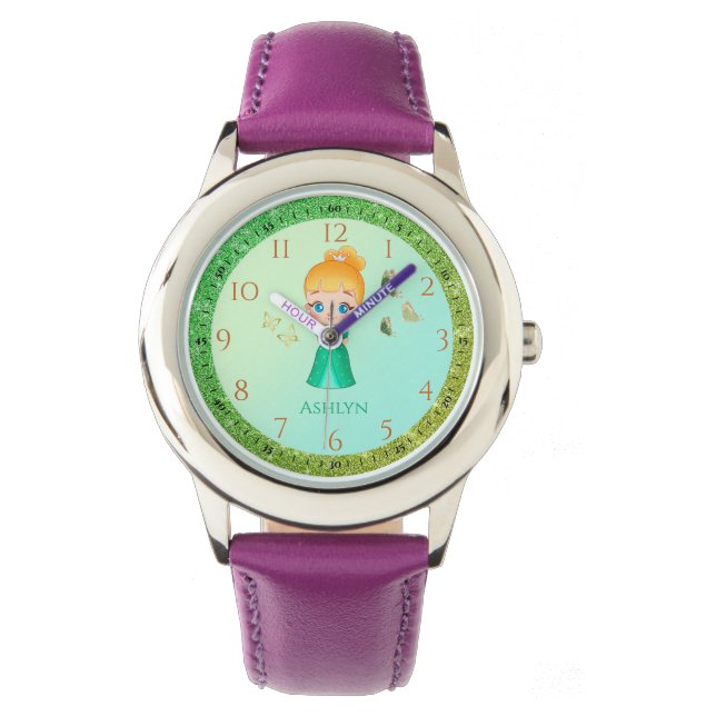 Personalisierter grüner Glitzer Princess Learning Armbanduhr (Vorderseite)