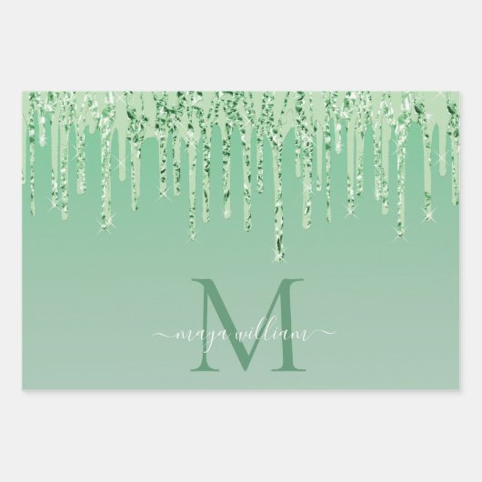 Personalisierter grüner Glitzer Tropfen Geschenkpapier Set (Vorderseite 2)