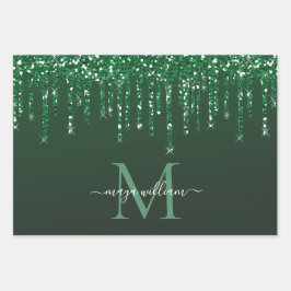 Personalisierter grüner Glitzer Tropfen Geschenkpapier Set