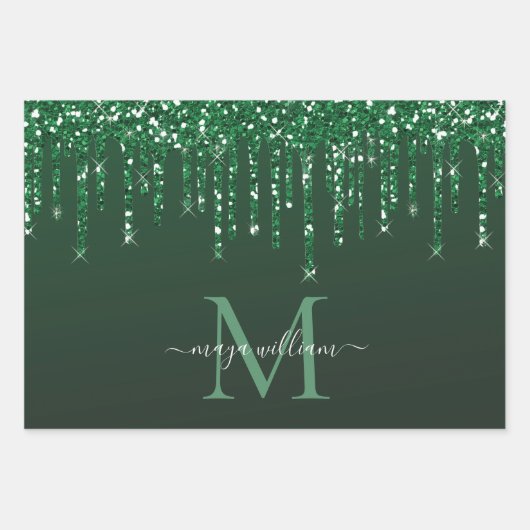 Personalisierter grüner Glitzer Tropfen Geschenkpapier Set (Vorderseite)