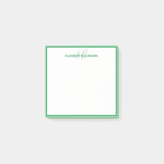 Personalisierter grüner Monogramm-Name Minimalist Post-it Klebezettel (Vorderseite)