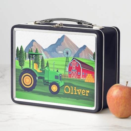 Personalisierter Grüner Traktor Barnyard Farm Metall Brotdose (Beispiel)