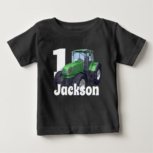 Personalisierter Grüner Traktor zum ersten Geburts Baby T-shirt (Vorderseite)