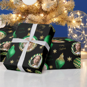 Personalisierter grüner und goldener Weihnachts-Fo Geschenkpapier