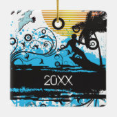 Personalisierter Grunge Surfstrand Weihnachten Keramikornament (Rückseite)