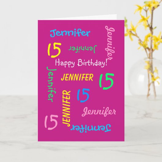 Personalisierter Grußkartenname 15. Geburtstag Ros Karte (Gelbe Blume)