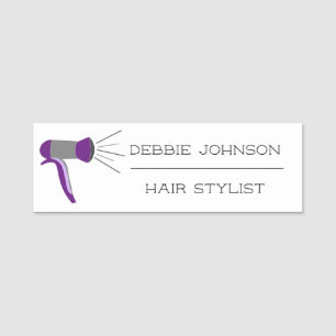 Personalisierter Haar-Stylist-lila Schlagtrockner Namensschild
