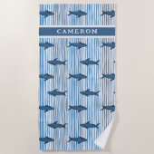 Personalisierter Hai Weiß Streifen Kinder Strandtuch (Vorderseite)