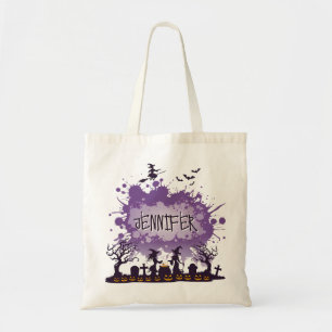 Personalisierter Halloween Lila Name Hexe Friedhof Tragetasche