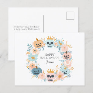 Personalisierter Halloween-Totenkopf-Kürbis-Blumen Feiertagspostkarte