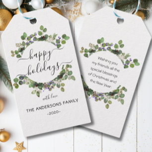 Personalisierter Happy Holidays Wasserfarbenkranz Geschenkanhänger