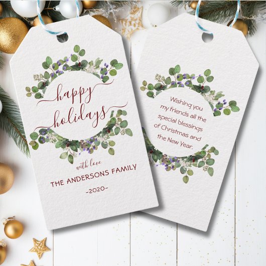 Personalisierter Happy Holidays Wasserfarbenkranz Geschenkanhänger