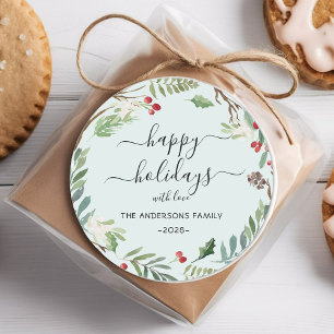 Personalisierter Happy Holidays Wasserfarbenkranz Runder Aufkleber