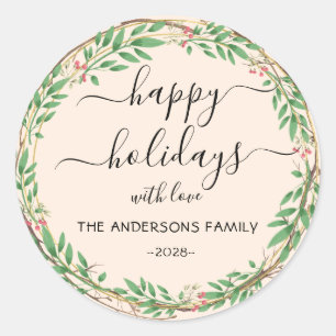 Personalisierter Happy Holidays Wasserfarbenkranz Runder Aufkleber