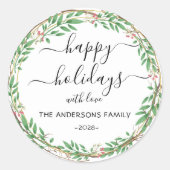 Personalisierter Happy Holidays Wasserfarbenkranz Runder Aufkleber (Vorderseite)