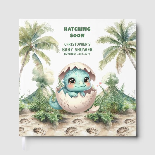 Personalisierter Hatching Soon Dino Gästebuch (Vorderseite)