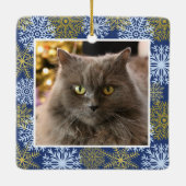 Personalisierter Hauskatze Hund Blue Schneeflocken Keramikornament (Rückseite)