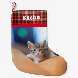 Personalisierter Haustiername Foto Rot kariert Kleiner Weihnachtsstrumpf