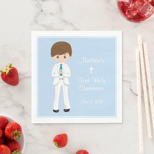 Personalisierter Heiliger Kommunion Brünetter Jung Serviette (Beispiel)