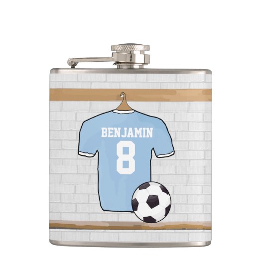 Personalisierter hellblauer Fußball-Fußball Jersey Flachmann (Vorderseite)