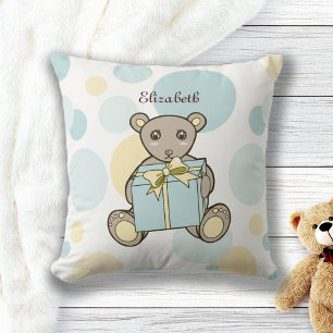 Personalisierter hellblauer und gelber Teddybär Kissen