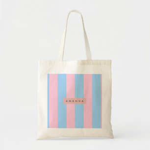 Personalisierter hellblauer und rosa Candy Stripe Tragetasche