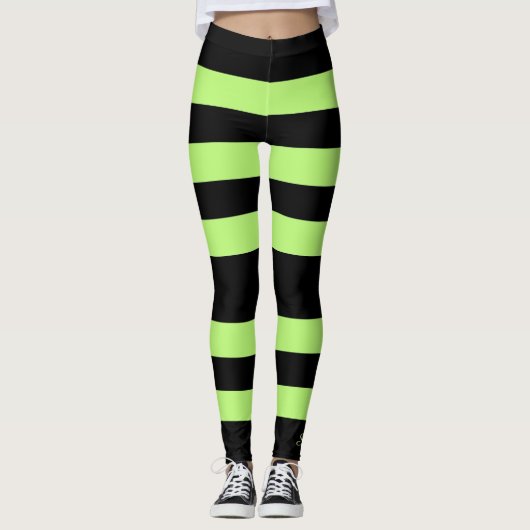 Personalisierter, heller Neon Green und Black Stri Leggings (Vorderseite)