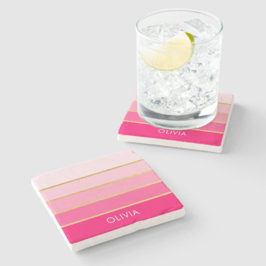 Personalisierter, heller Rosa- und Goldname Steinuntersetzer (Seitenansicht)