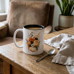 Personalisierter Herbst-Blumenstrauß mit Kürbis Zweifarbige Tasse