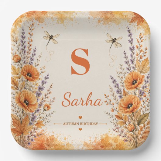 Personalisierter Herbst-Wildblumen-Libellen-Geburt Pappteller (Vorderseite)
