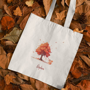 Personalisierter Herbstbaum und Eichhörnchen Tragetasche