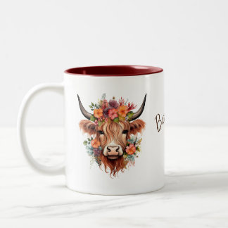 Personalisierter Highland-Cow-Floral | Rustikaler  Zweifarbige Tasse
