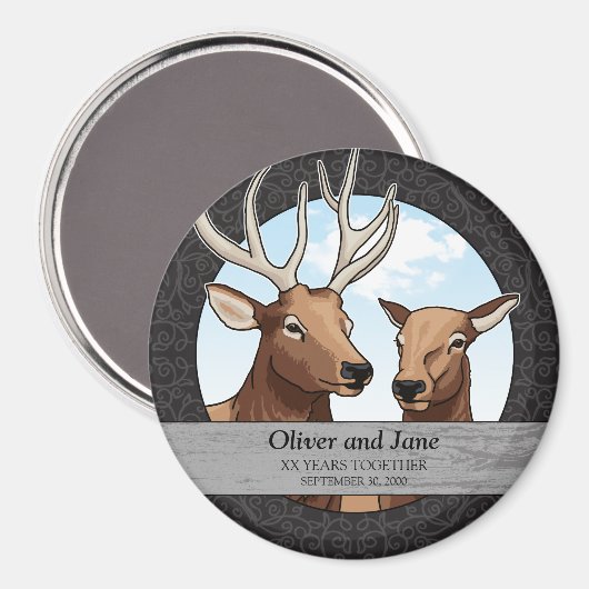 Personalisierter Hochzeitstag, Elchpaare Magnet (Vorderseite/Rückseite)