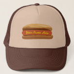 Personalisierter Hotdog-Hut Truckerkappe<br><div class="desc">Ein Hut,  der eine Illustration eines schlichten Würstchens in einem Brötchen kennzeichnet.  Personifizieren Sie mit Ihrem Namen im Gelb als Senf.  Der Hut,  der in Tan und in Braunem dargestellt wird,  aber kann in anderen Farben gekauft werden.  Look for zusammenpassende Einzelteile bei Jill Paperie.</div>