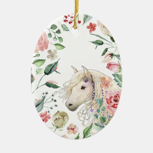 Personalisierter Hübscher Pferdeblumengarten Weihn Keramik Ornament (Vorne)