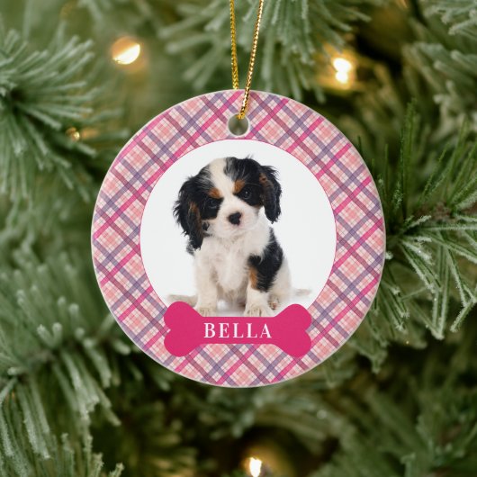 Personalisierter Hund Festlicher Karierter Urlaub  Keramik Ornament (Baum)