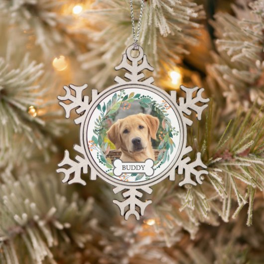 Personalisierter Hund Foto Wasserfarben Schneeflocken Zinn-Ornament (Baum)