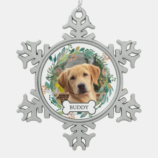 Personalisierter Hund Foto Wasserfarben Schneeflocken Zinn-Ornament (Vorderseite)