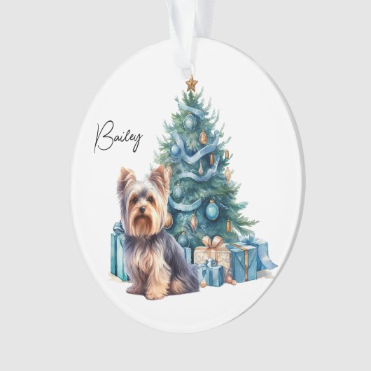 Personalisierter Hundename Yorkie mit Weihnachtsba Ornament (Vorderseite)
