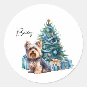 Personalisierter Hundename Yorkie mit Weihnachtsba Runder Aufkleber